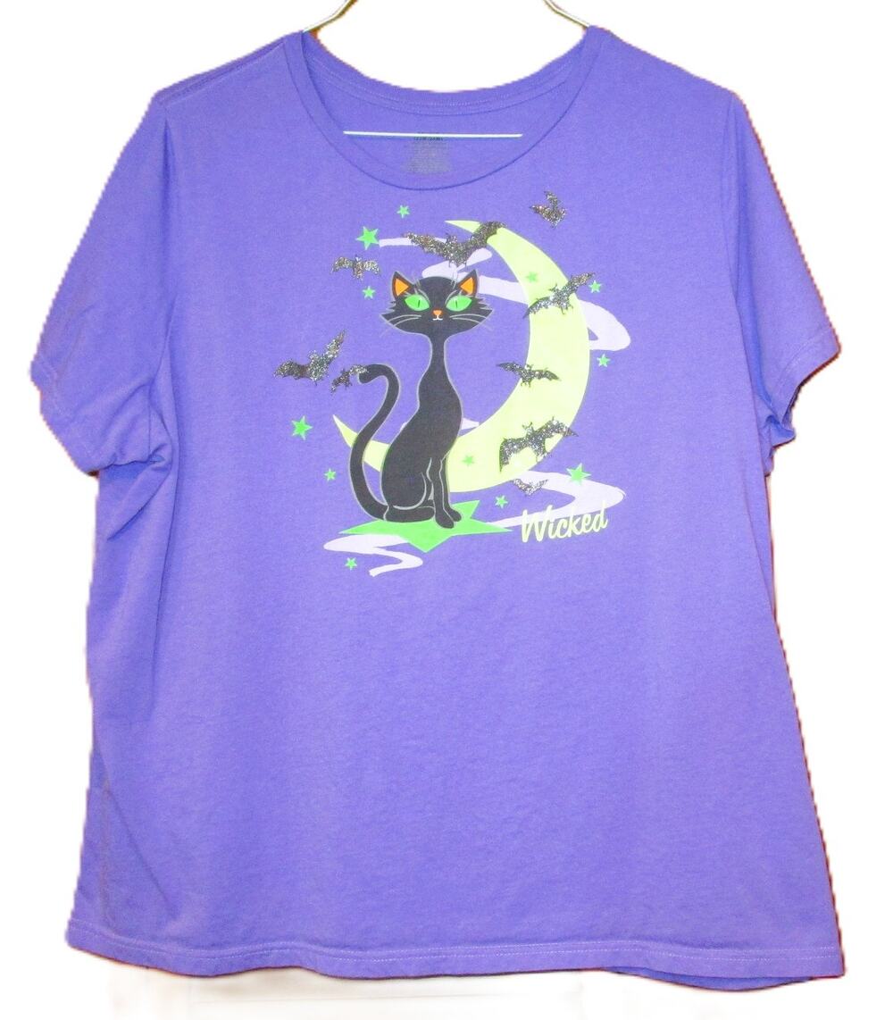 Women's Wicked Purple Halloween T-Shirt Cat Moon Bats Graphic Cotton Size 3XL